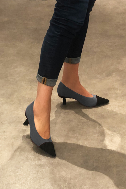 Matt black and dark grey women's dress pumps, with a round neckline. Pointed toe. Medium spool heels. Worn view - Florence KOOIJMAN